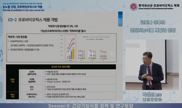 ‘코로나 이후의 건강기능토토사이트 개발과 전망’을 주제로 기조강연을 하고 있는 박성선 종근당건강 전무<br>