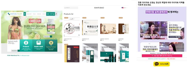 (왼쪽부터) nativelyhealth.com 메인화면, Xianfubao(mwuhnd.top) 메인화면, 신원 미상 판매자의 판매 화면. 사진=소비자원<br>