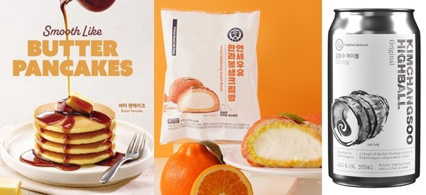 (왼쪽부터) 이디야커피 ‘버터 팬케이크’, CU ‘연세우유 한라봉 생크림빵’,GS25 ‘김창수 하이볼 오리지널’. 사진=각 사&nbsp;<br>