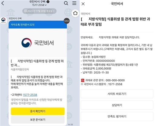 ‘과태료 알림 서비스(국민비서)’ 메시지 예<br>